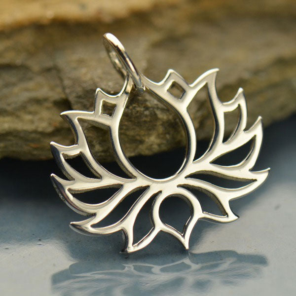 Sterling Silver Wide Symmetrical Blooming Lotus Charm 19.5x18mm - 1pc