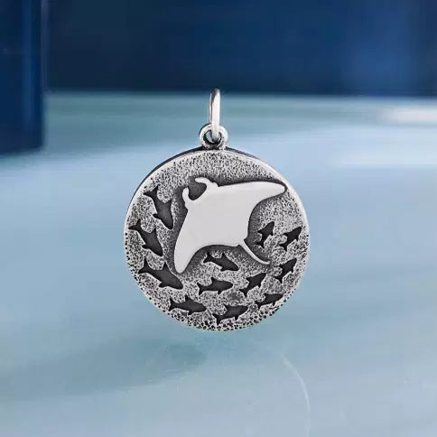 Sterling Silver Manta Ray and Fish Charm 24x18mm - 1Pc