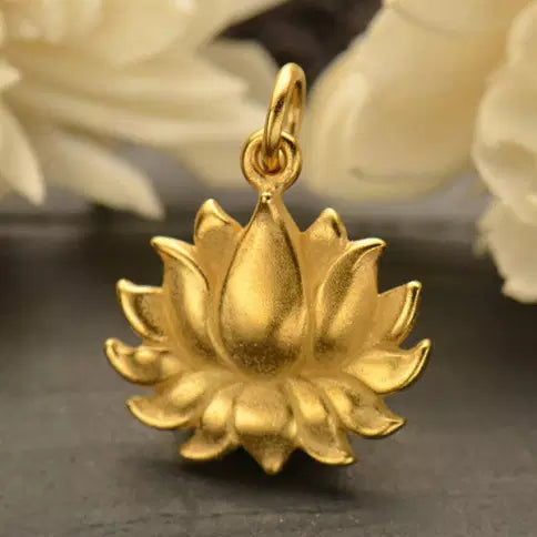 24Kt Gold Plated Sterling Silver Large 3D Lotus 17x15x2mm Charm - 1pc