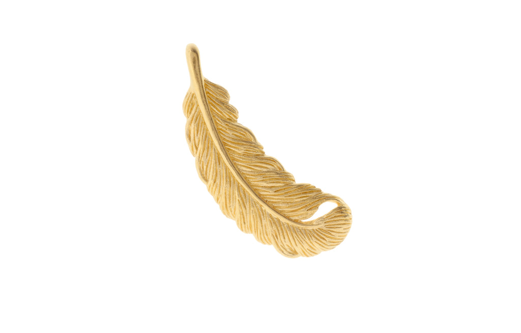 Satin 24K Gold Plated Sterling Silver Small Feather Charm 30x10mm - 1pc