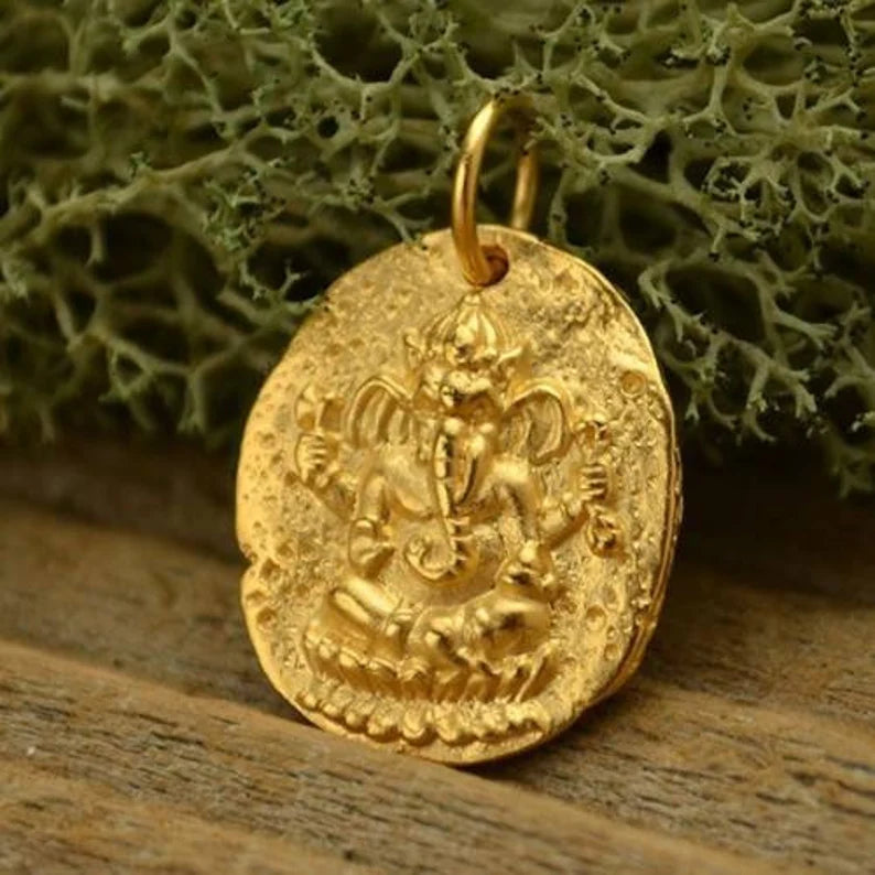 24Kt Gold Plated Sterling Silver Ganesh Ancient-Coin Charm 21x14mm Satin - 1pc