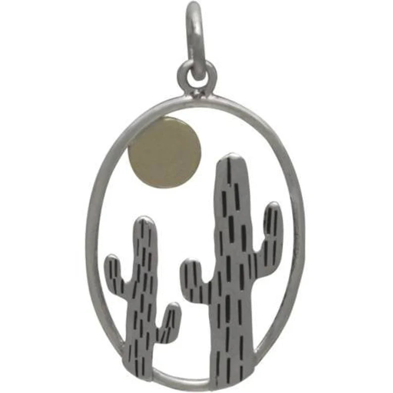 kaktus silber Ovaler Kaktus-und-Sonne-Anhänger Sterling Silber Bronze 27x15mm