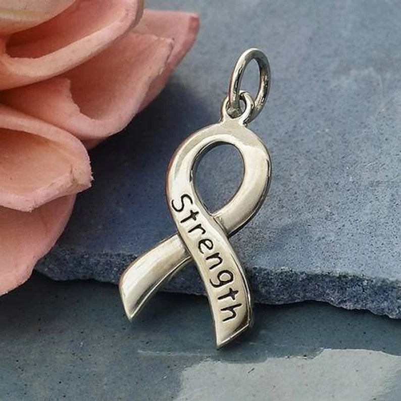 Sterling Silver Cancer Awareness Ribbon - Strength 21x10mm - 1pc