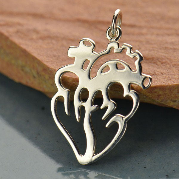 Sterling Silver Cutout Anatomical Heart Charm 26x15mm - 1pc