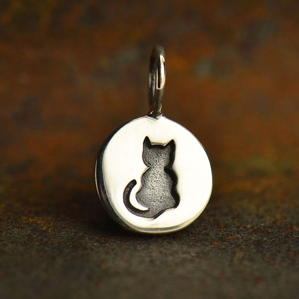Sterling Silver Small Sitting Cat Etched Disk 8mm Charm - 1pc