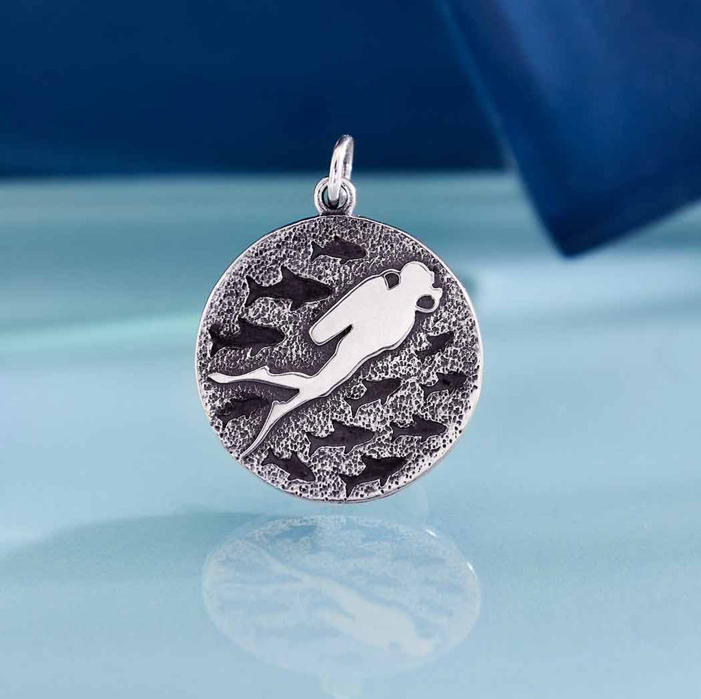 Sterling Silver Diver and Fish Charm 24x18mm - 1Pc