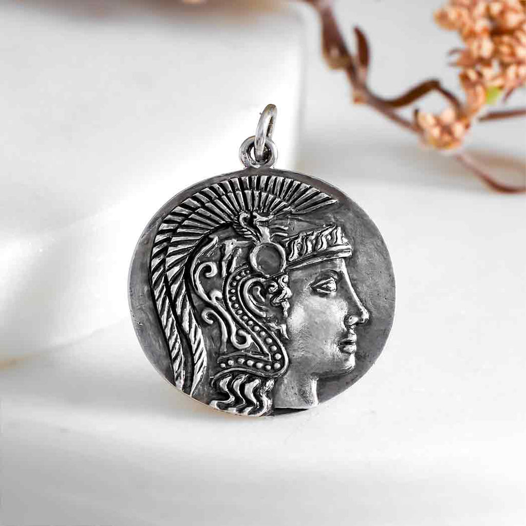 Sterling Silver Goddess Athena Coin Pendant 25x21mm - 1Pc