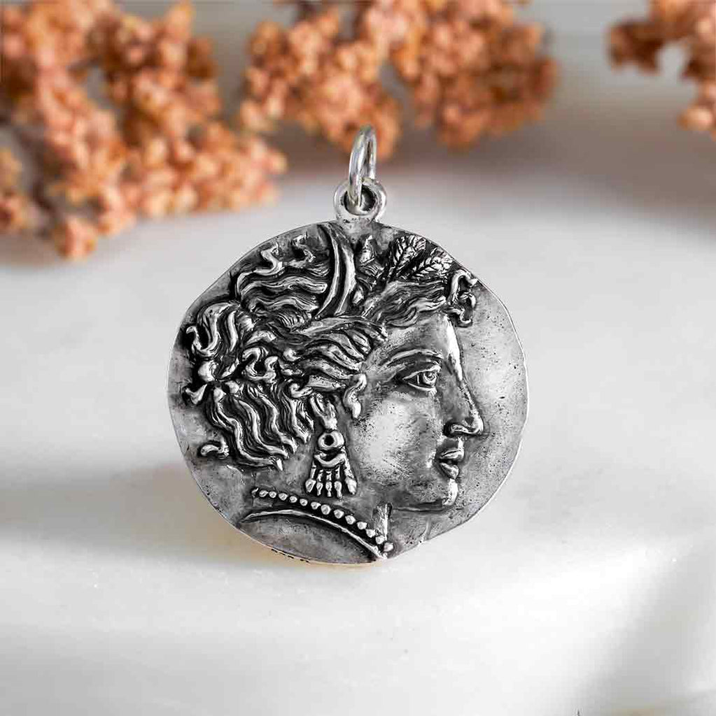 Sterling Silver Goddess Demeter Coin Pendant 25x20mm -1Pc