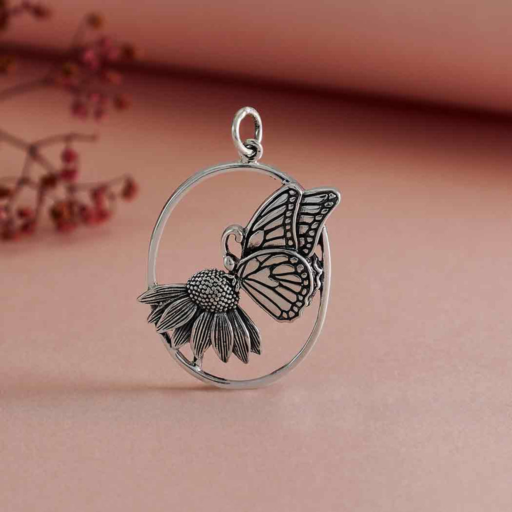 Sterling Silver Butterfly on Flower Pendant 31x21mm - 1Pc