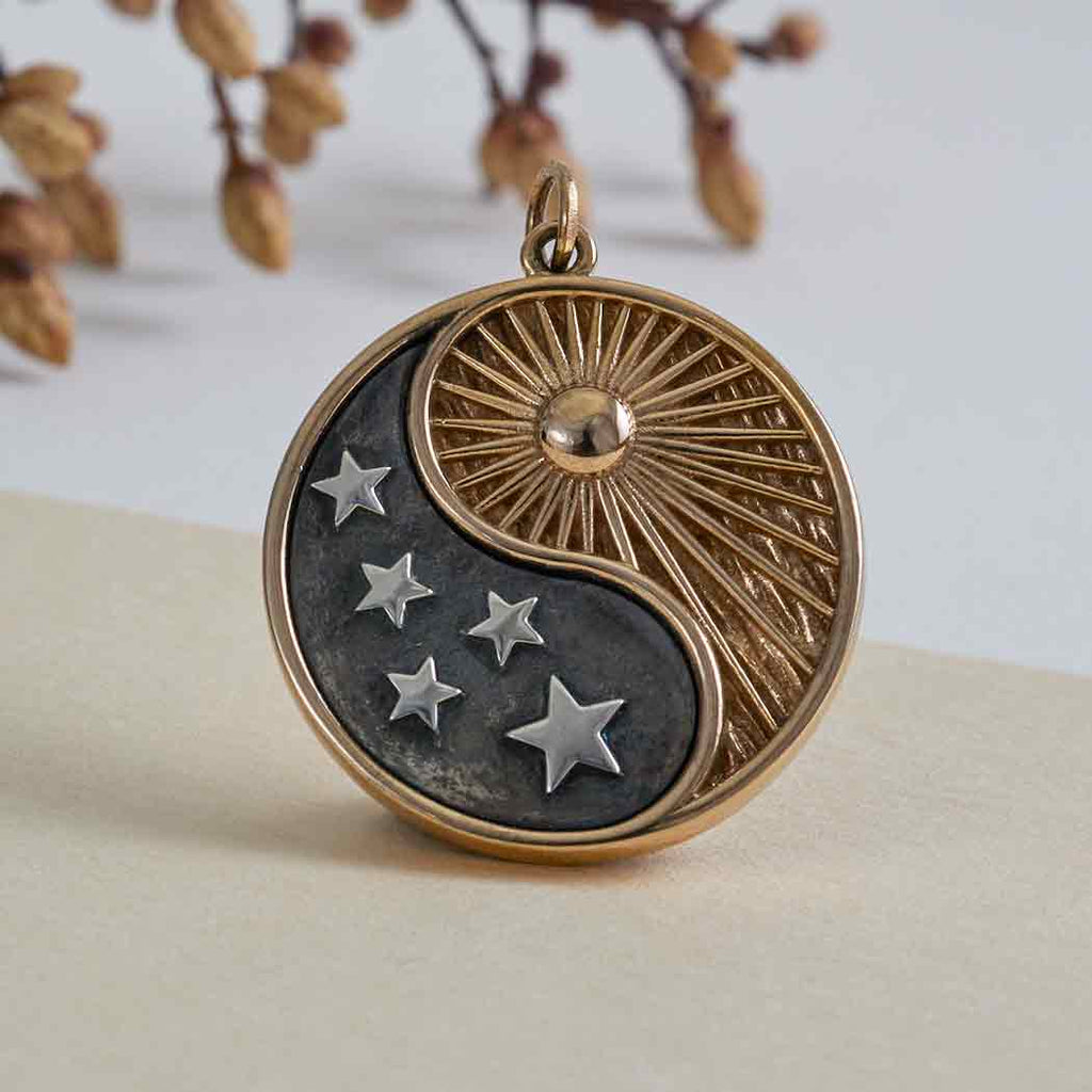 Mixed Metal Yin Yang Sun and Stars Pendant 30x24mm - 1Pc