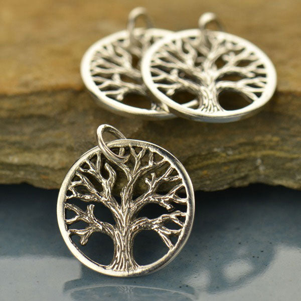 Sterling Silver Round Textured Tree Charm 15mm - 1pc