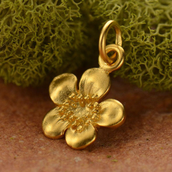 Plum Blossom Charm Satin 24K Gold Plated Sterling Silver 15x10mm - 1pc