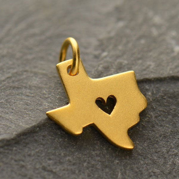 Satin 24K Gold Plated Sterling Silver Texas State Charm with Heart Cutout 15x10.1mm - 1pc