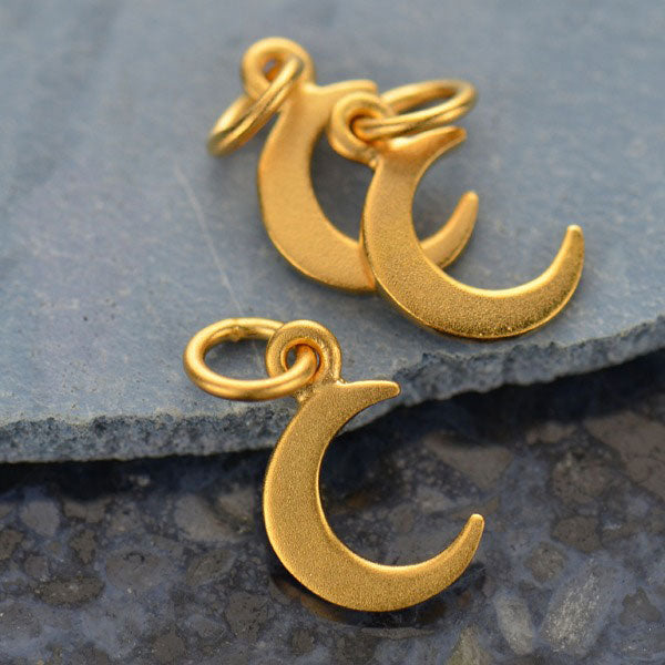 Tiny Satin 24K Gold Plated Sterling Silver Crescent Moon Charm 15x7mm - 1pc