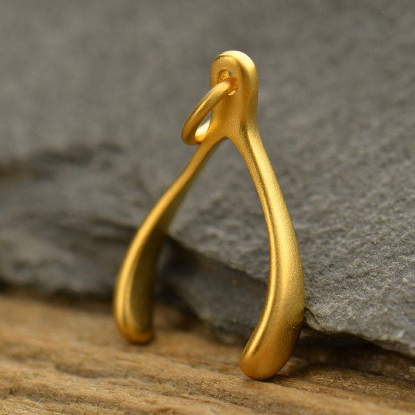 Satin 24K Gold Plated Sterling Silver Wishbone Charm 20x11mm - 1pc