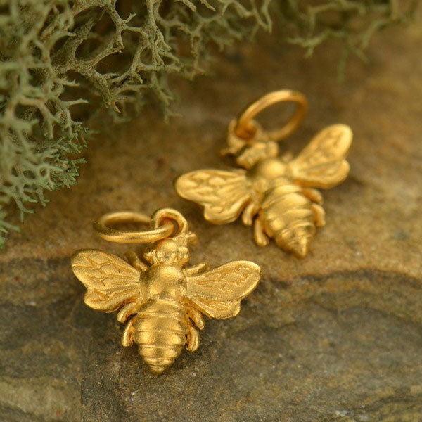 Honeybee Charm Satin 24Kt Gold Plated Sterling Silver 14x12mm - 1 pc