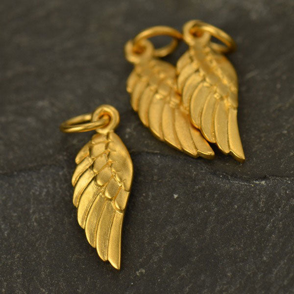 Tiny Angel Wing Charm Satin 24K Gold Plated Sterling Silver 20x5mm - 1pc