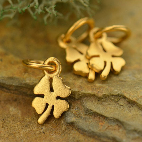 Tiny Four-Leaf Clover Charm Satin 24K Gold Plated Sterling Silver 12x5mm - 1 pc