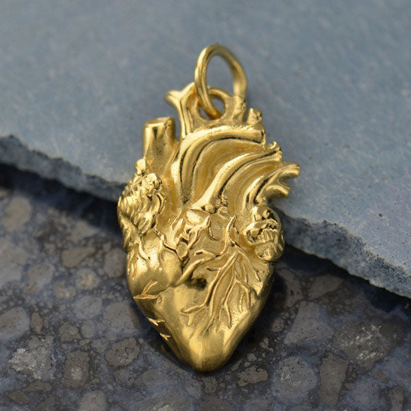Shiny 14K Gold Plated Sterling Silver Anatomical Heart Charm 20x10mm - 1pc