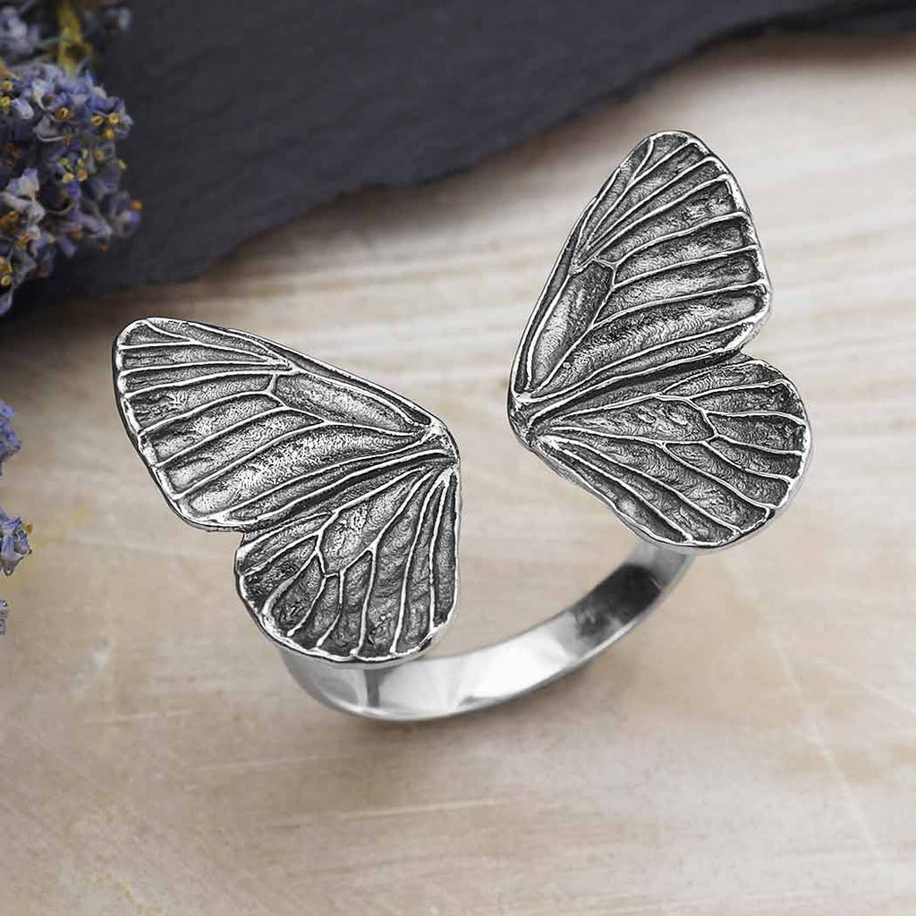 Sterling Silver Adjustable Dimensional Butterfly Wings Ring - 1Pc