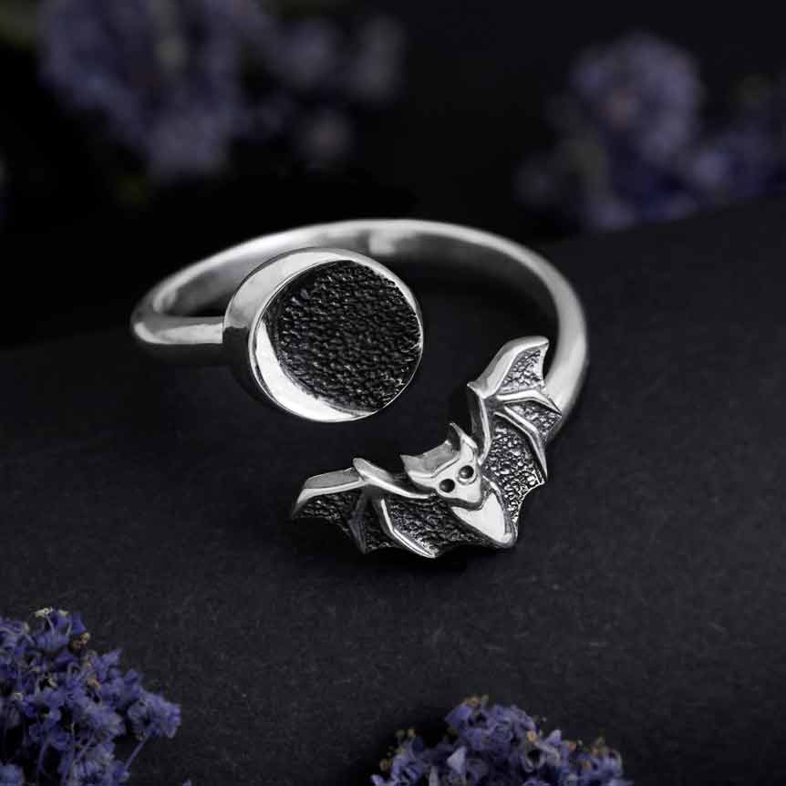 Sterling Silver Adjustable Moon and Bat Ring - 1Pc