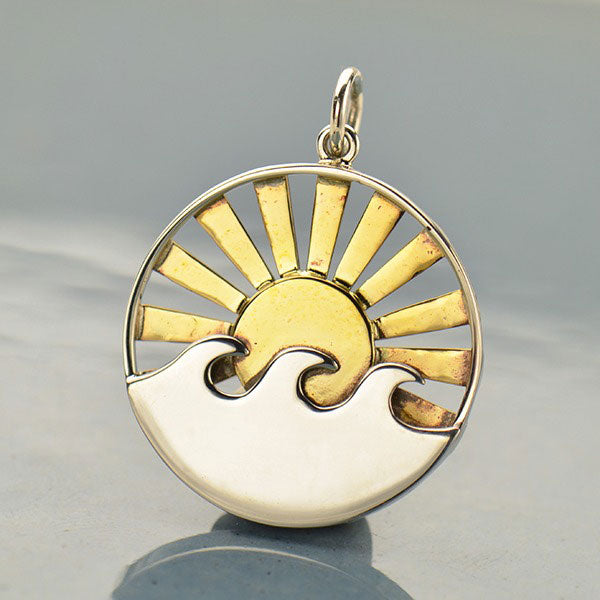 Sterling Silver Wave Pendant With Bronze Sun Rays 26.5x20.2mm - 1pc