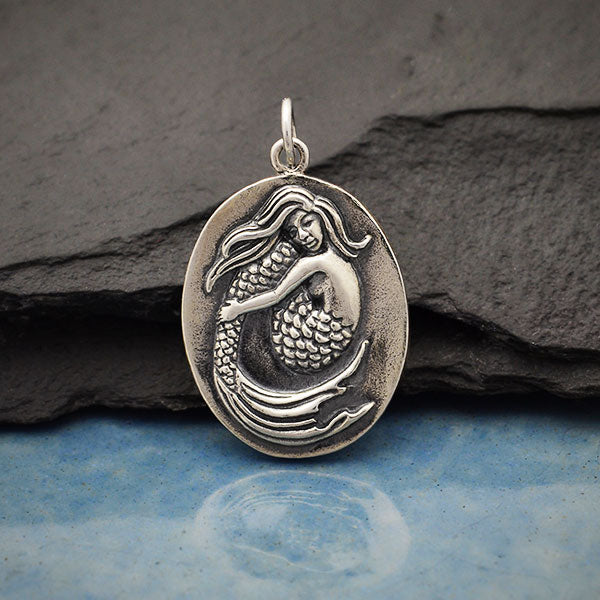 Sterling Silver Mermaid Pendant on Oval Medallion 27x16mm - 1Pc
