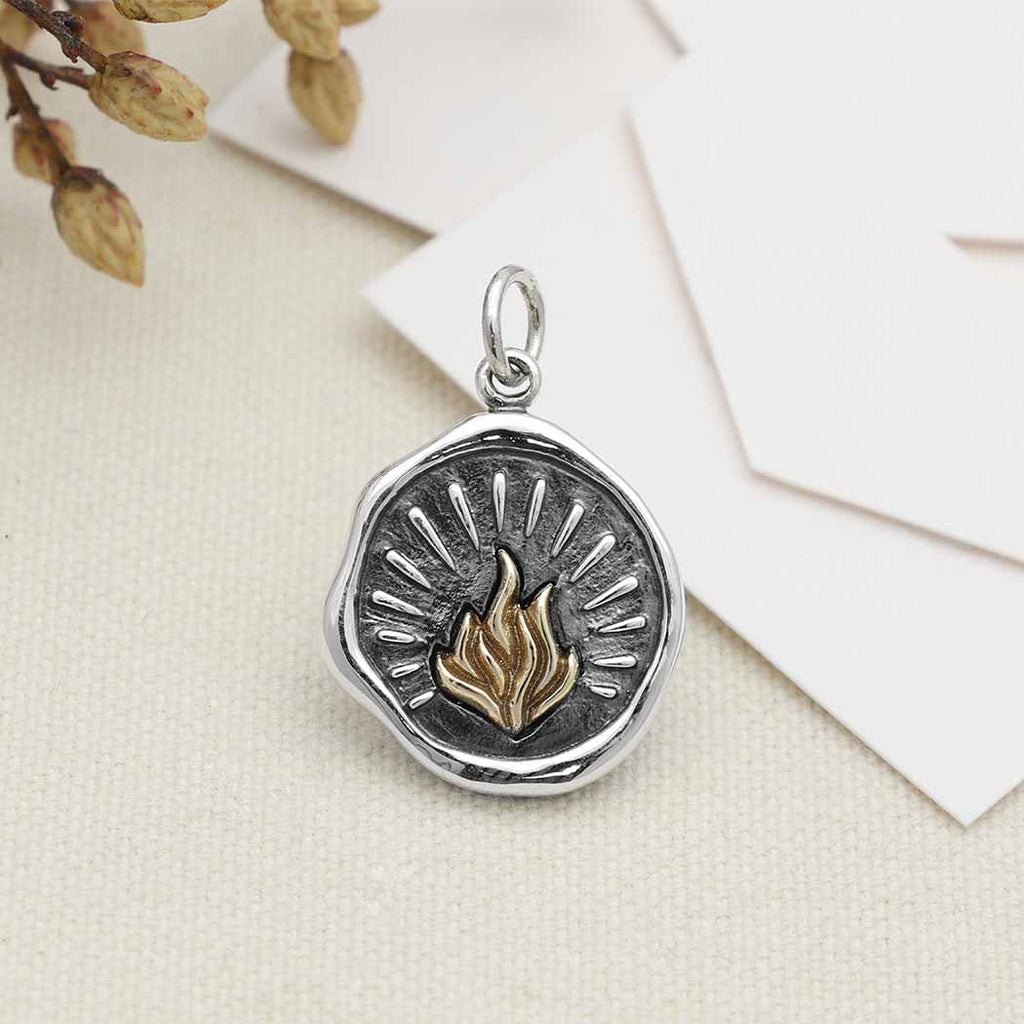 Sterling Silver Wax Seal Charm with Bronze Fire 22x15mm - 1Pc