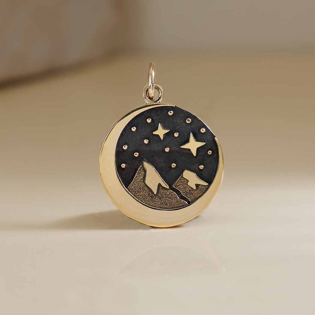 Bronze Snow Cap Mountain Charm with Moon 21x15mm - 1Pc