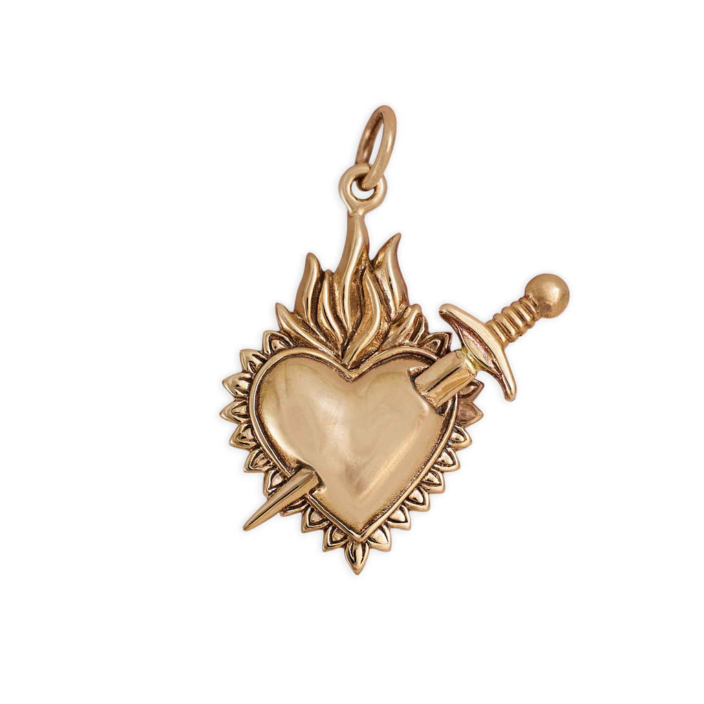 Bronze Flaming Heart Pendant with Sword 26x20mm - 1Pc