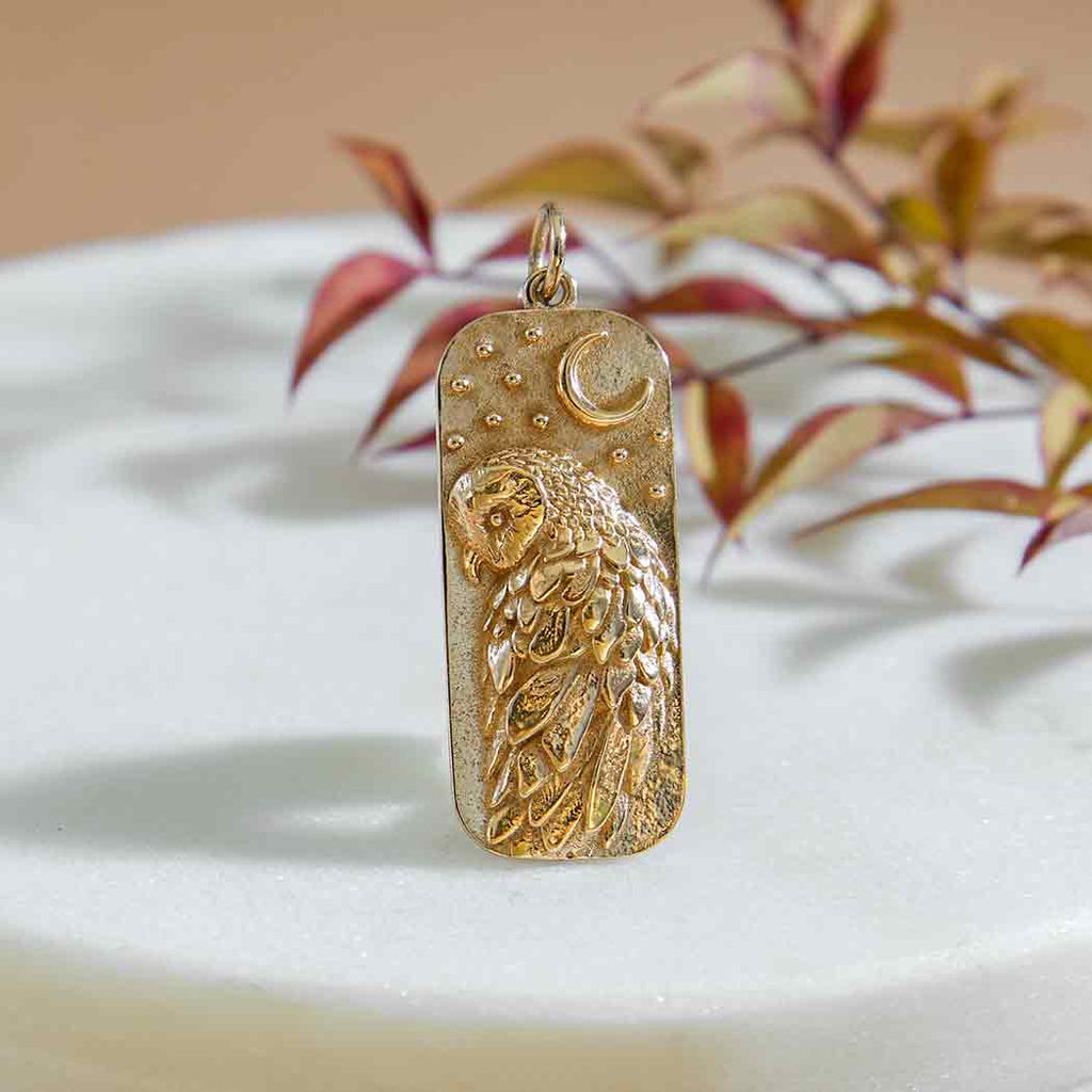 Bronze Barn Owl and Moon Pendant 34x12mm - 1Pc