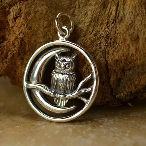 Sterling Silver Owl and Moon Charm 23.4x17mm - 1Pc