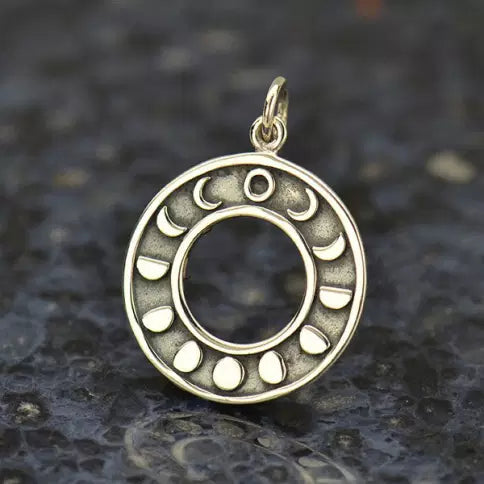 Moon Phases Circle Charm Sterling Silver 24x18mm - 1pc