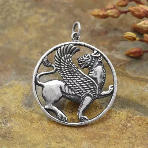 Sterling Silver Ancient Persian Winged Lion Pendant 32x26mm - 1pc