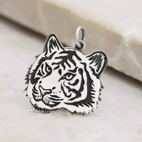Sterling Silver Etched Tiger Face Charm 23x19mm - 1Pc