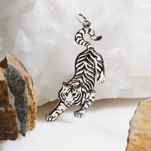 Sterling Silver Prowling Tiger Pendant 35x14mm - 1Pc