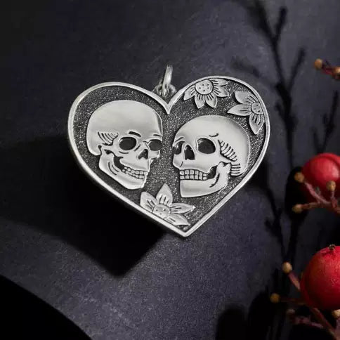 Sterling Silver Skull Lovers in Heart Pendant 24x22mm - 1Pc