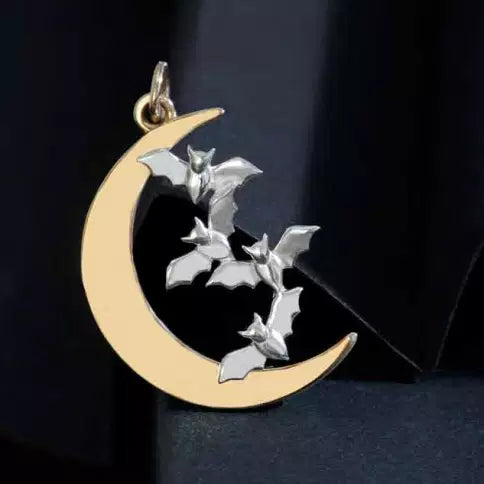 Bronze Moon and Charm w/ Sterling Silver Flying Bats 29x18mm - 1Pc