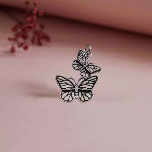 Sterling Silver Dimensional Flying Butterflies Charm 25x15mm - 1Pc