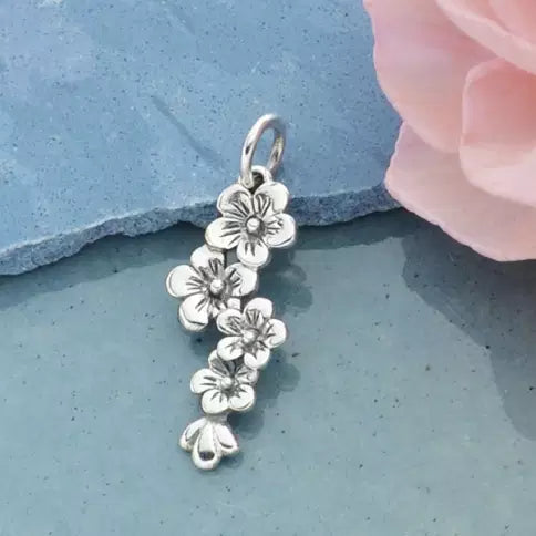 Sterling Silver Cherry Blossom Cluster Charm 25x9mm - 1pc