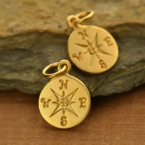 Compass Charm 24K Gold Plated Sterling Silver 16x10mm Satin - 1pc