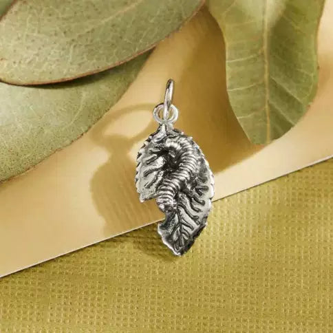 Sterling Silver Caterpillar and Leaf Charm 20x9mm - 1Pc