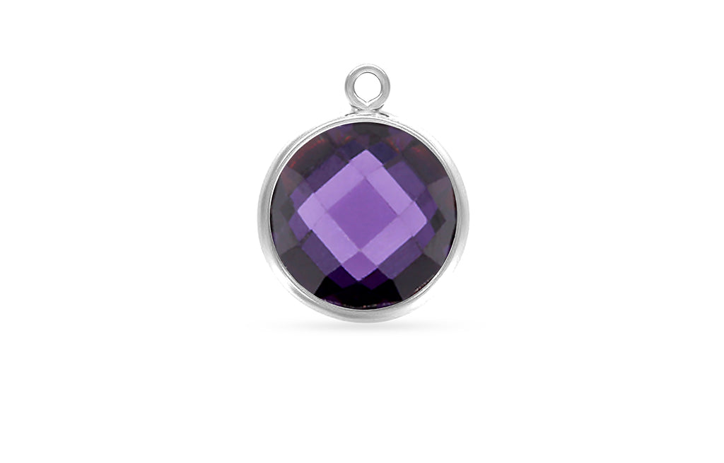 Sterling Silver Faceted Amethyst 3A CZ Round Bezel Drop 8mm - 2pcs/pack