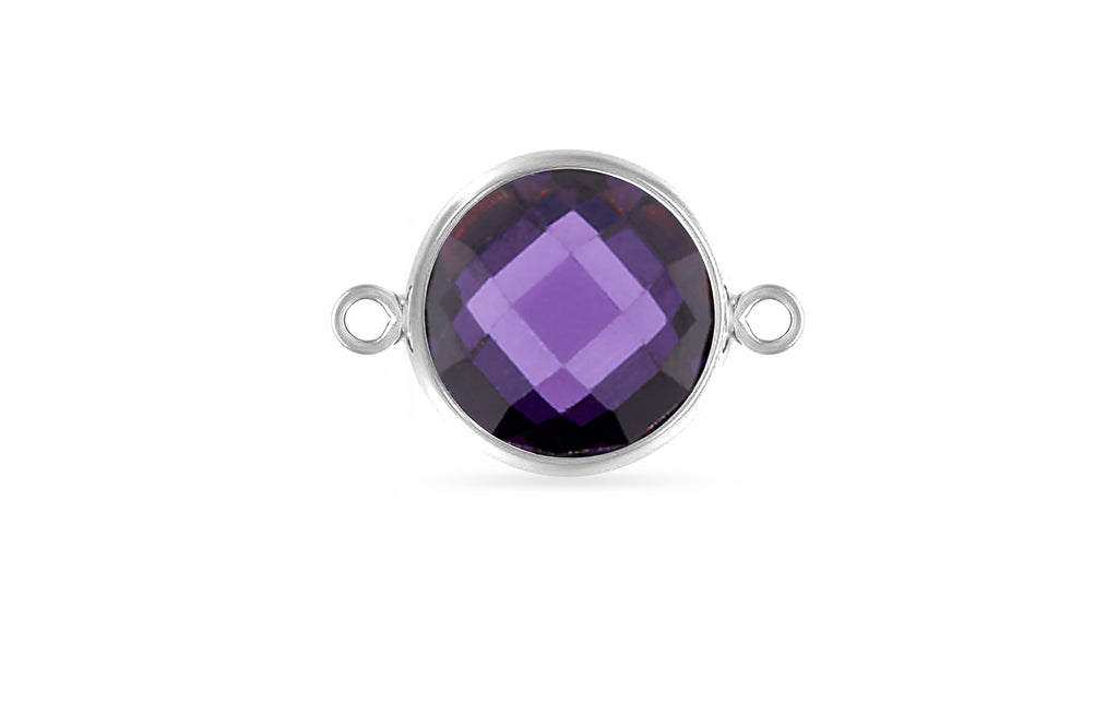 Sterling Silver Faceted Amethyst 3A CZ Round Bezel Connector 8mm - 1pc