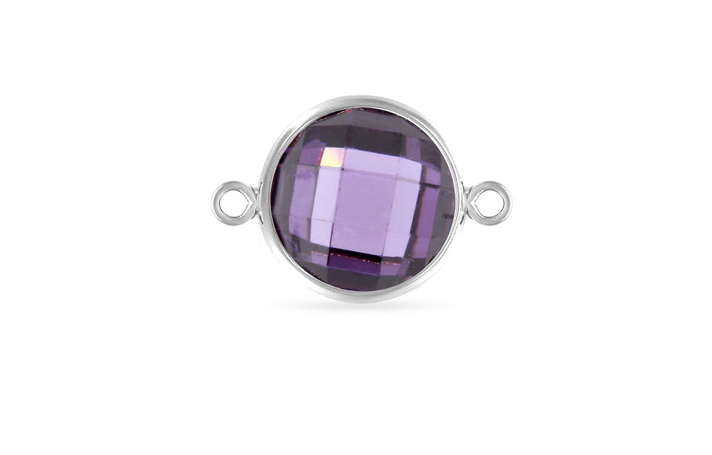 Sterling Silver Faceted Lt. Amethyst 3A CZ Round Bezel Connector 8mm - 1pc