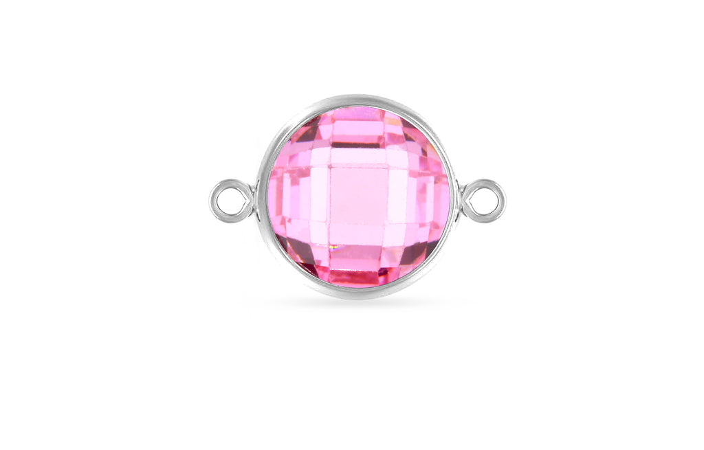 Sterling Silver Faceted Pink 3A CZ Round Bezel Connector 8mm - 1pc