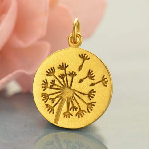 Satin 24Kt Gold Plated Sterling Silver Large Dandelion Charm 21.3x15.2mm - 1pc