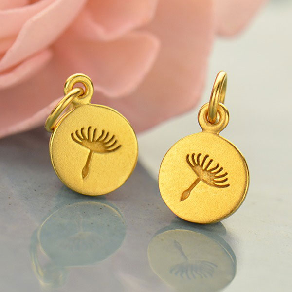Satin 24Kt Gold Plated Sterling Silver Small Dandelion Seed Charm 14.5x8.1mm - 1pc
