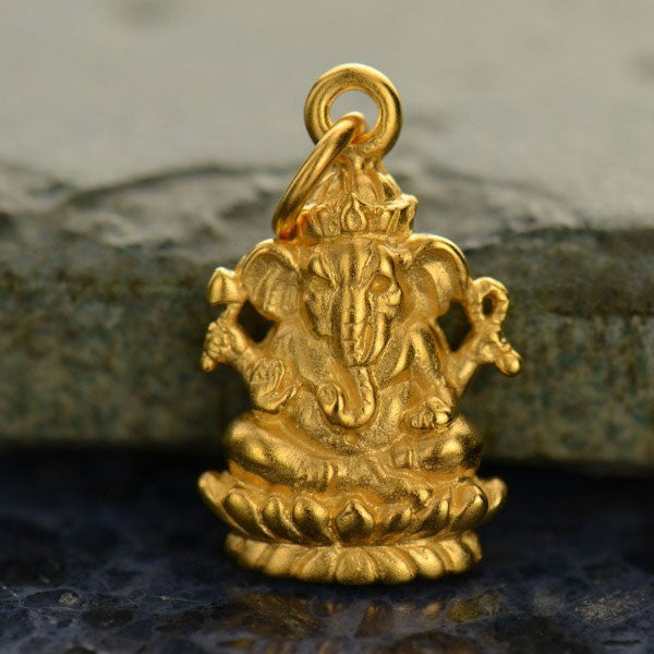 24K Gold Plated Sterling Silver Ganesh Charm 20x10mm Satin - 1pc