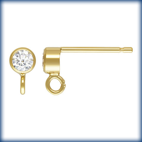 14Kt Gold Filled 3mm White 3A CZ Bezel Post Earring w/Ring - 1pr